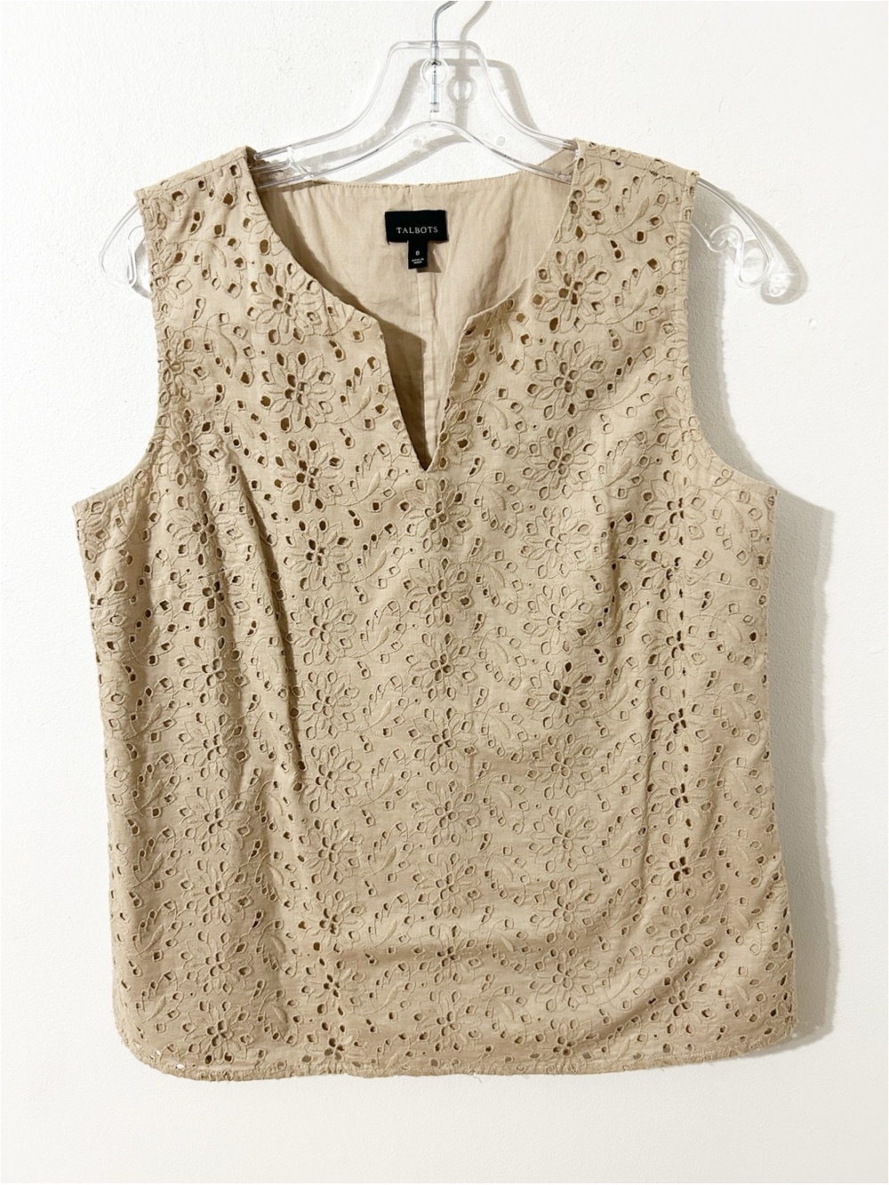 Talbots Women’s Size 8 Beige Floral Eyelet Lace Sleeveless Top Notch Neck